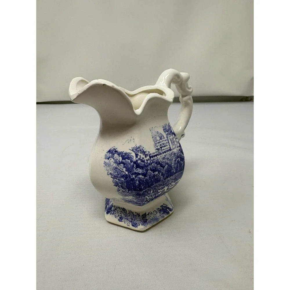 Vintage Small Blue And White Ceramic Pitcher. Transferware. Made In Japan